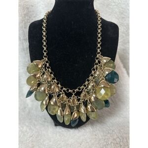 TALBOTS Green Beaded Bib Necklace w/Gold Tone Chain Christmas Holiday